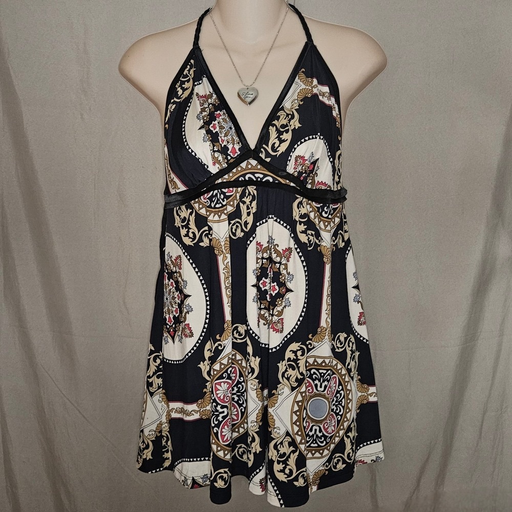 Black and White Halter Dress with Gold Accents